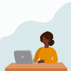The landing page for the customer service.A black Woman with headphones and a microphone . Illustration of the concept of support, assistance and call center. Vector illustration in flat style
