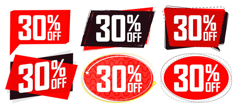 Set Sale 30% off banners, discount tags design template, vector illustration