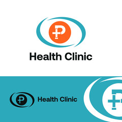 Initial letter R with medical cross icon and loop care symbol for healthy hospital medicine logo design concept vector