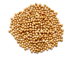 Raw, uncooked chickpeas isolated on a white background. Top view