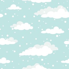Winter Seamless pattern with white clouds and flat snowflakes and dots on blue sky.