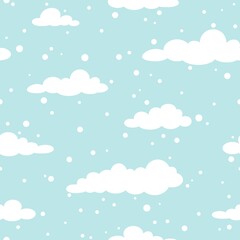 Winter Seamless pattern with white clouds and flat snowflakes and dots on blue sky.