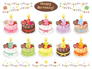 カラフルなお誕生日ケーキと数字の蝋燭のセットイラスト