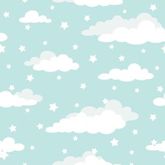 Seamless cartoon background with white clouds and shabby stars on turquoise sky.