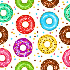 Donuts seamless pattern for fabric, wrapping paper, wallpaper, background for the site. A pattern of bright, multi colored donuts in glaze on a white background.