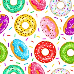 Donuts seamless pattern for fabric, wrapping paper, wallpaper, background for the site. A pattern of bright, multicolored donuts in glaze on a white background.