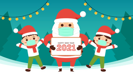 Santa Claus cartoon. Kids wearing Christmas costumes. Social distancing poster. Happy new year 2021 poster.