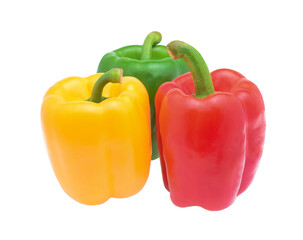 Fresh vegetables Three sweet Red, Yellow, Green Peppers isolated on white background.