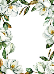 Greeting card template with watercolor flowers magnolia, floral frame, illustration hand painted. Isolated on white background. © Larisa