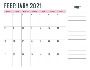 February 2021 Calendar Planner - vector illustration. Template