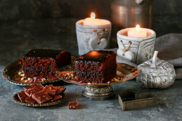 Traditional brownie with chocolate. Sweet dessert.
