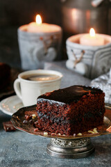 Traditional brownie with chocolate. Sweet dessert.
