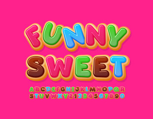 Vector colorful banner Funny Sweet. Bright tasty Font. Donut Alphabet Letters and Numbers set