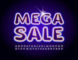 Vector promo banner Mega Sale. Neon bright Font. Creative glowing Alphabet Letters and Numbers set