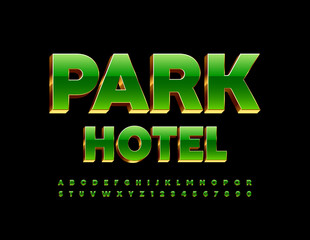 Vector luxury logo Park Hotel with Green and Gold Alphabet Letters and Numbers set. 3D chic Font