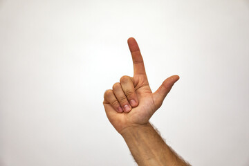 High five. Right palm Caucasian male hand shows 5 fingers. Hand brush on a white background. High quality photo