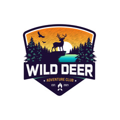 Vintage wild deer and mountain logo design vector template