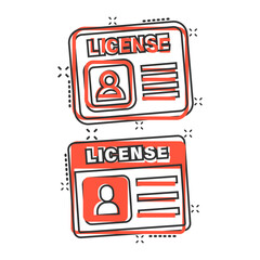 Driver license icon in comic style. Id card cartoon vector illustration on white isolated background. Identity splash effect business concept.