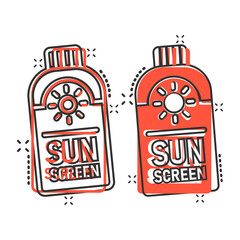 Sun protection icon in comic style. Sunblock cream cartoon vector illustration on white isolated background. Spf care splash effect business concept.