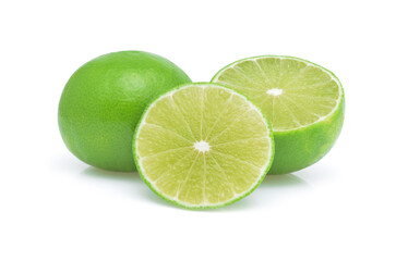 Fresh green lime fruit white slices isolated on white background.
