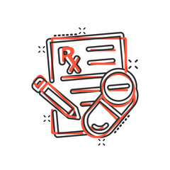 Prescription icon in comic style. Rx document cartoon vector illustration on white isolated background. Paper splash effect business concept.