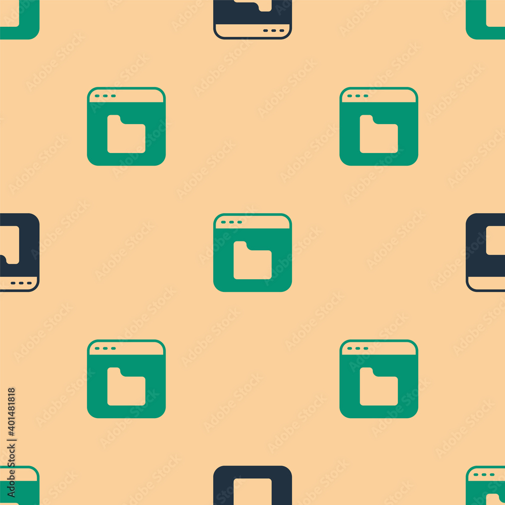Poster green and black browser files icon isolated seamless pattern on beige background. vector.