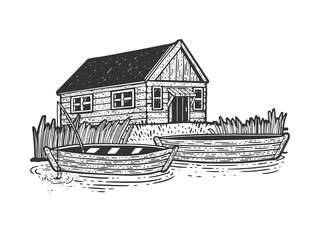 fishing lodge with boats sketch engraving vector illustration. T-shirt apparel print design. Scratch board imitation. Black and white hand drawn image.