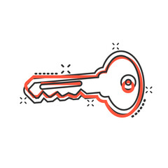 Key icon in comic style. Password cartoon vector illustration on white isolated background. Access splash effect business concept.