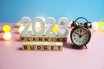 2023 Budget Planning alphabet letters on blue and pink background