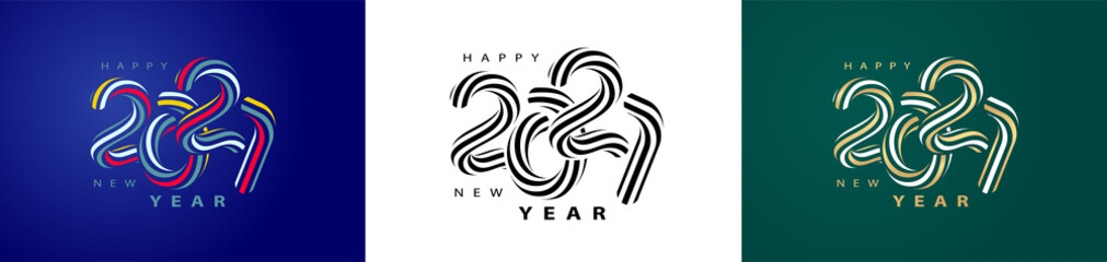 2021 Happy New Year logo curl lines style text. Set 2021 number design template