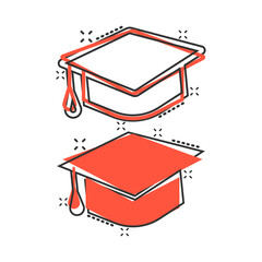 Graduation hat icon in comic style. Student cap cartoon vector illustration on white isolated background. University splash effect business concept.