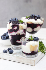 Tiramisu. Homemade dessert in glasses with blueberries, cream and ladyfingers garnish with blueberries and thyme. Light grey background.