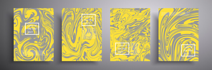 Modern design. Trending colors of 2021. Abstract texture of liquid colors of gray and yellow. Presentation design, printing, flyers, business cards, menus, posters, sites, packaging, cover.