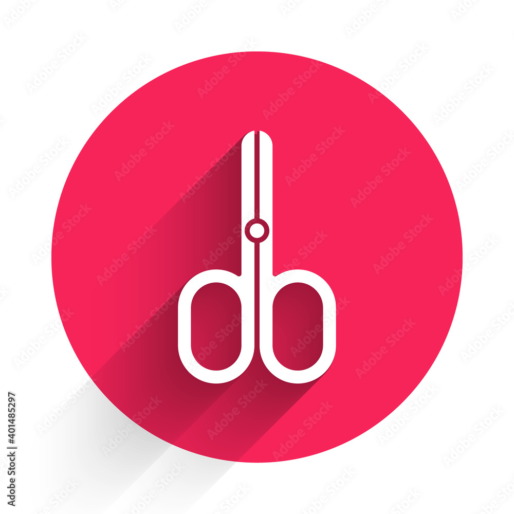 Poster white scissors icon isolated with long shadow. cutting tool sign. red circle button. vector.