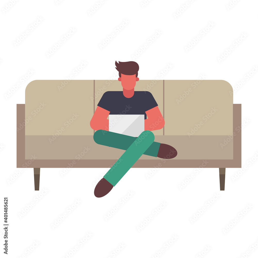 Poster man with laptop on couch working from home vector design