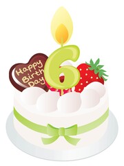 白い生クリームのお誕生日ケーキと6歳の数字のキャンドル