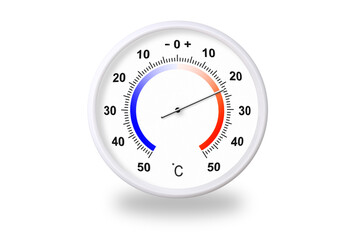 Outdoor thermometer on white background. Ambient temperature plus 22 degrees celsius