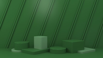 Geometric shape podium for product display or exhibition stand on green background. 3D rendering.