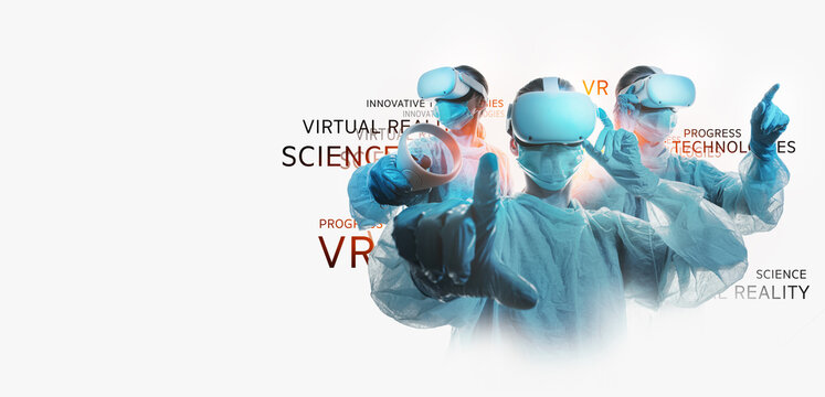 doctors in a protective suit with a virtual reality helmet on their eyes. the concept of modern VR technologies during operations by doctors - Powered by Adobe