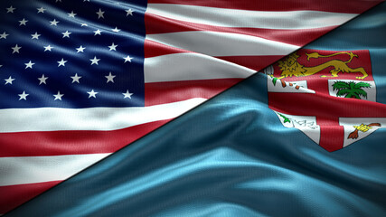 Double Flag United States of America vs Fiji flag waving flag with texture Close-up background