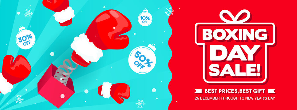 Boxing day Sale Banner Design vector illustration. Boxing glove coming out of gift box.
