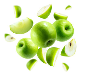 A group of green apples levitating on a white background
