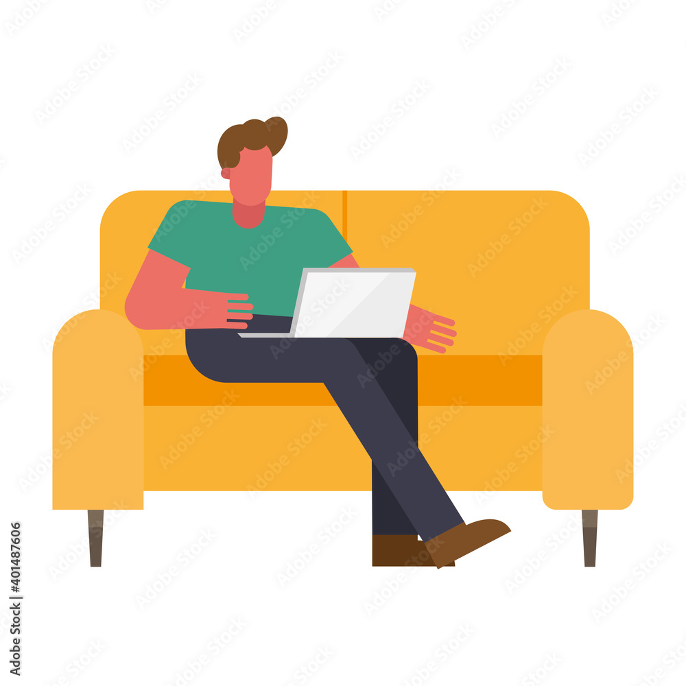 Poster man with laptop on couch working from home vector design