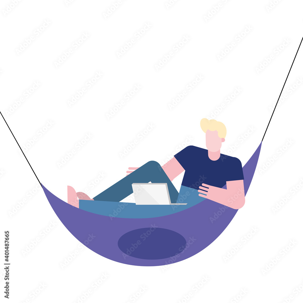 Poster man with laptop on hammock working from home vector design