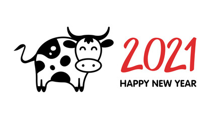 Funny sketch silhouette bull. Happy new year and bull, ox, cow. Template poster, card, invitation for party with year 2021 Lunar horoscope sign.
