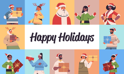 set mix race people celebrating happy new year merry christmas winter holidays celebration concept greeting card horizontal portrait vector illustration