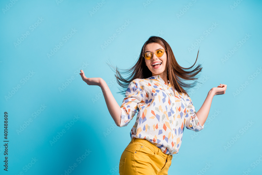 Poster photo portrait of brunette dancing at party with blowing in air hair enjoying weekend isolated on br