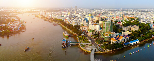 Top view aerial view love bridge or Ninh Kieu quay of downtown in Can Tho City, Vietnam with...
