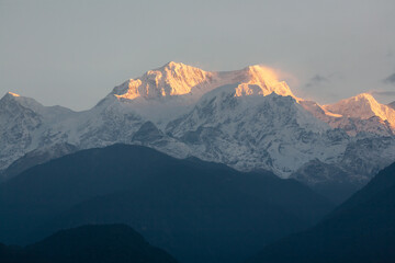 Kangchenjunga mountain. Sunrise in Himalayan mountains