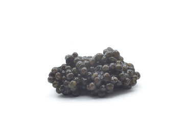 Closeup of black caviar on white background